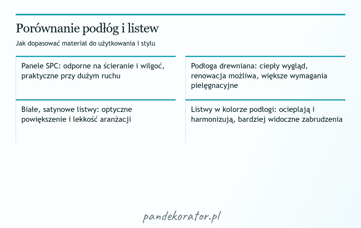 Dwie kolumny porównawcze: panele SPC i drewno oraz białe listwy i listwy dopasowane do podłogi