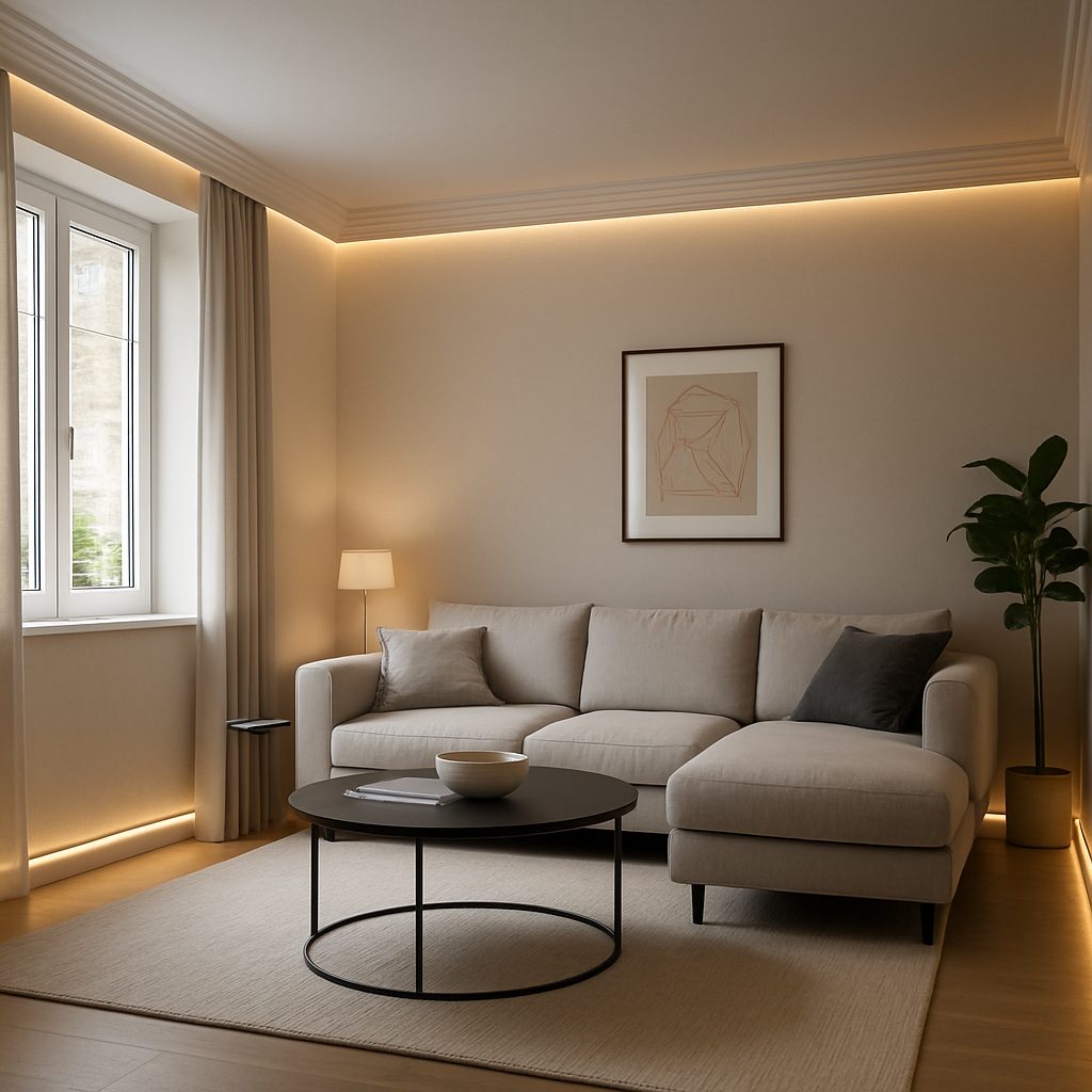 Jak Ledy w listwach przypodłogowych minimalistyczne wnętrze z listwą gzymsową gładką oświ…